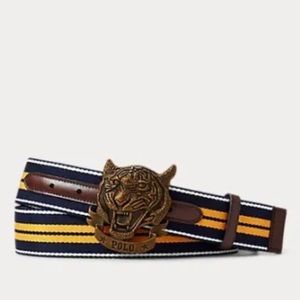 POLO Ralph Lauren Collegiate Striped TIGER BUCKLE Belt Navy Yellow Men's Size 36